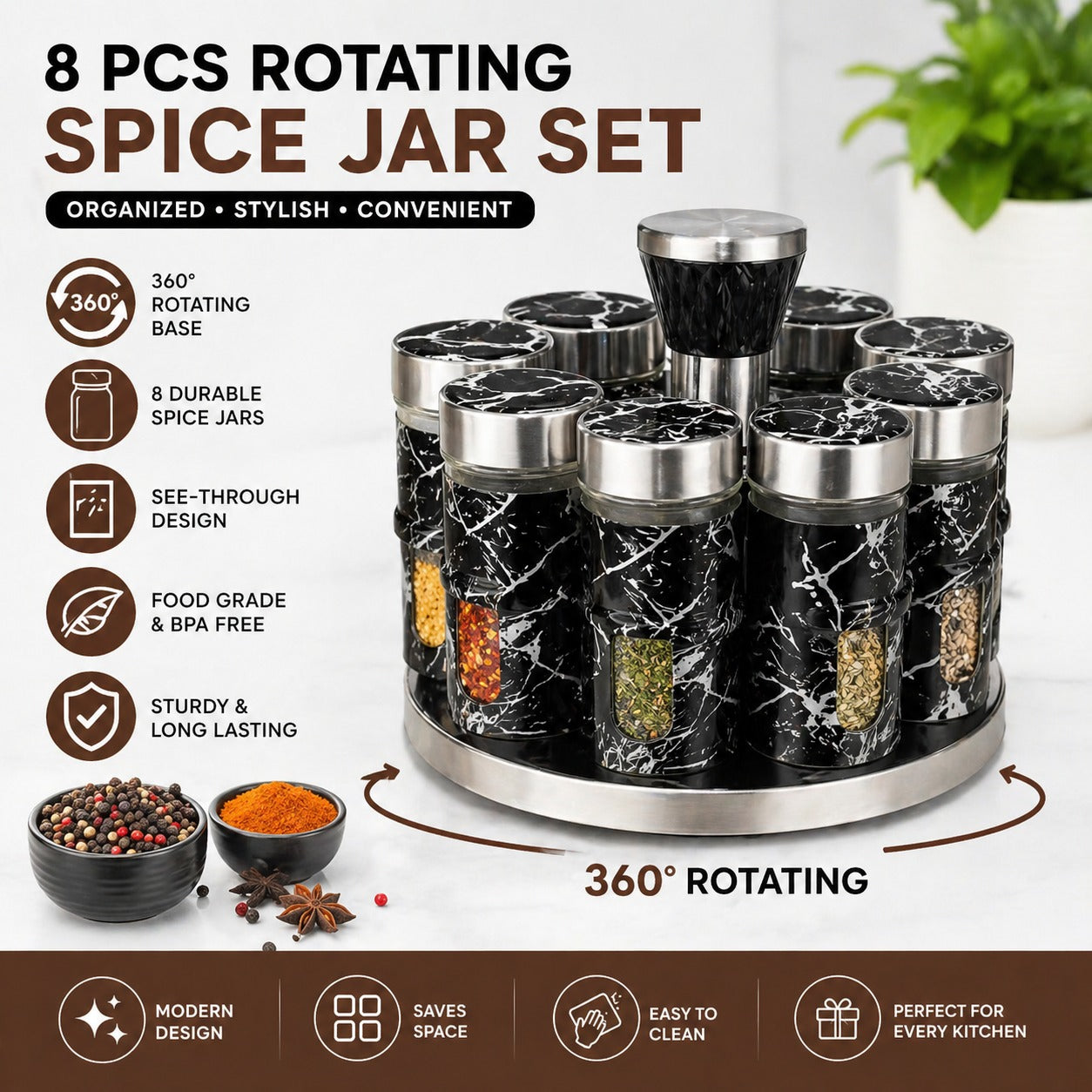 Premium Rotatable Seasoning Jar Set – 8-Piece Glass Spice Rack with 360° Rotating Stand | RONAQ Kitchen Tools