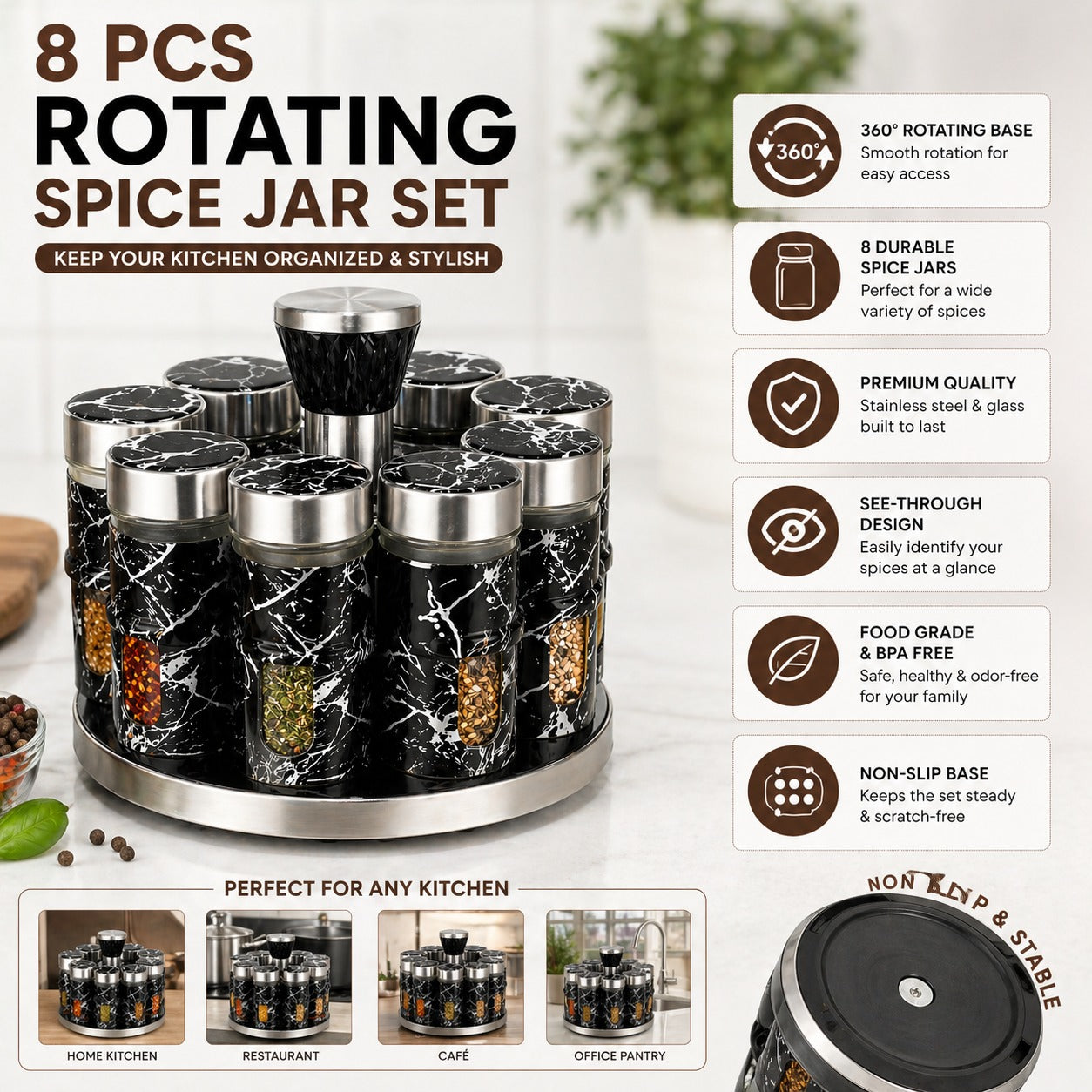 Premium Rotatable Seasoning Jar Set – 8-Piece Glass Spice Rack with 360° Rotating Stand | RONAQ Kitchen Tools