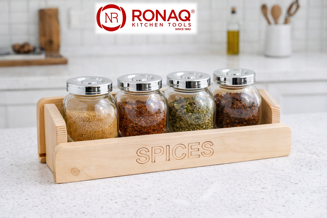 4 in 1 Wooden Base Glass Spice Jar Set Heavy