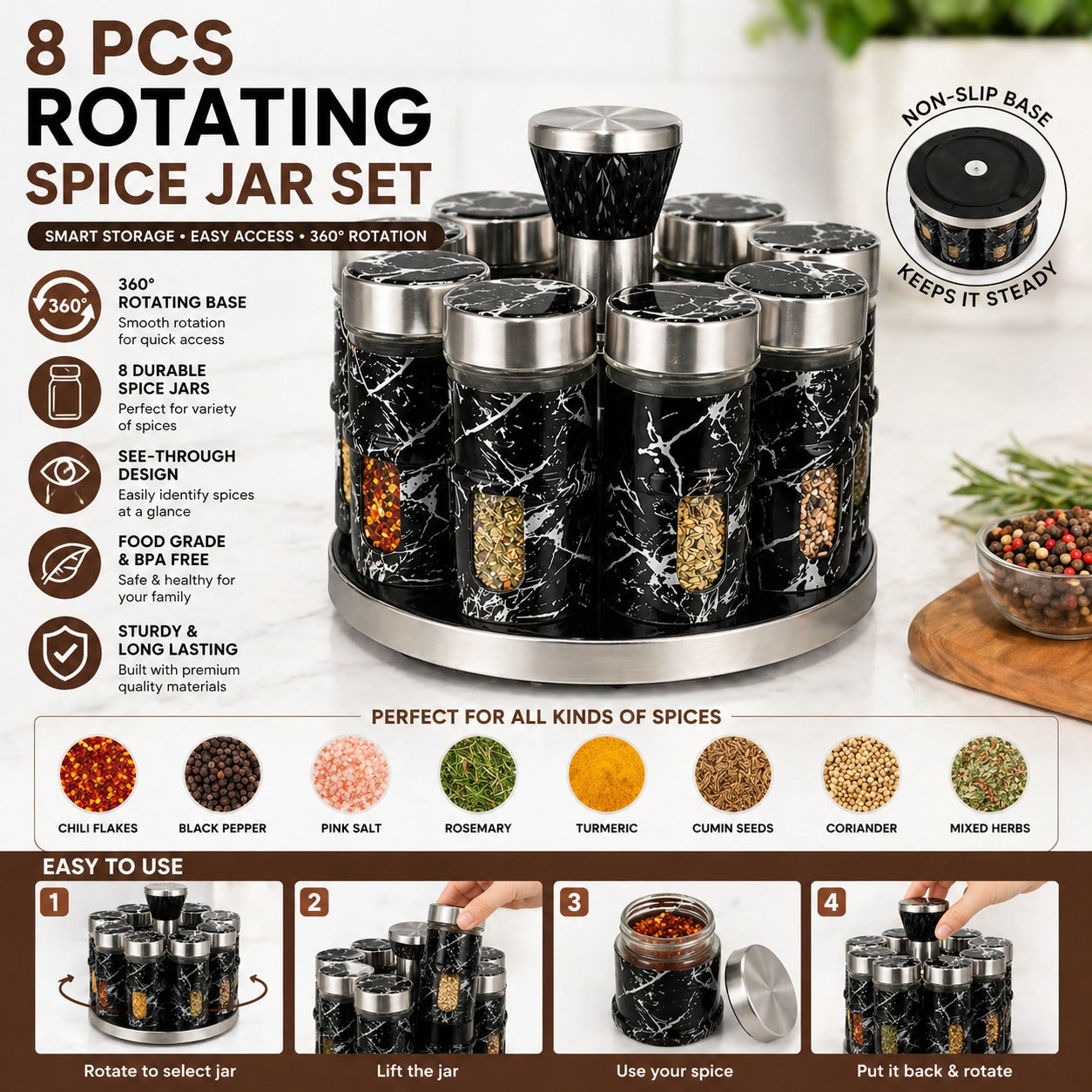 Premium Rotatable Seasoning Jar Set – 8-Piece Glass Spice Rack with 360° Rotating Stand | RONAQ Kitchen Tools