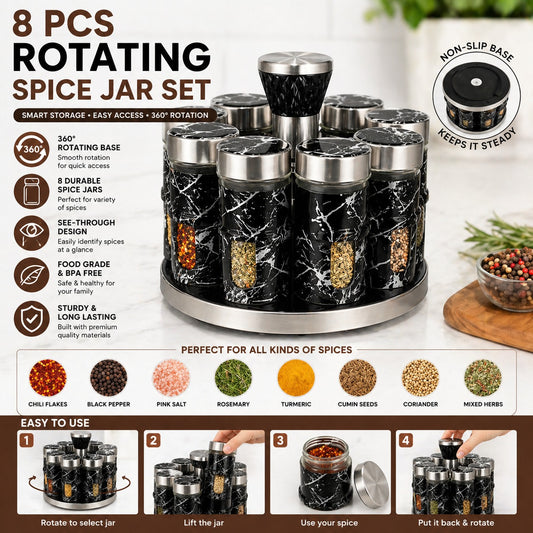 Premium Rotatable Seasoning Jar Set – 8-Piece Glass Spice Rack with 360° Rotating Stand | RONAQ Kitchen Tools