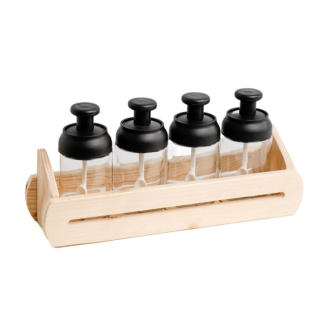 4 in 1 Wooden Base Glass Spice Jar Set