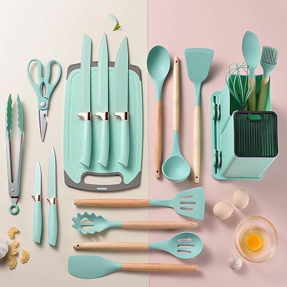 19-Pcs Kitchen Cooking Utensils & Knife Set with Block Holder & Cutting Board