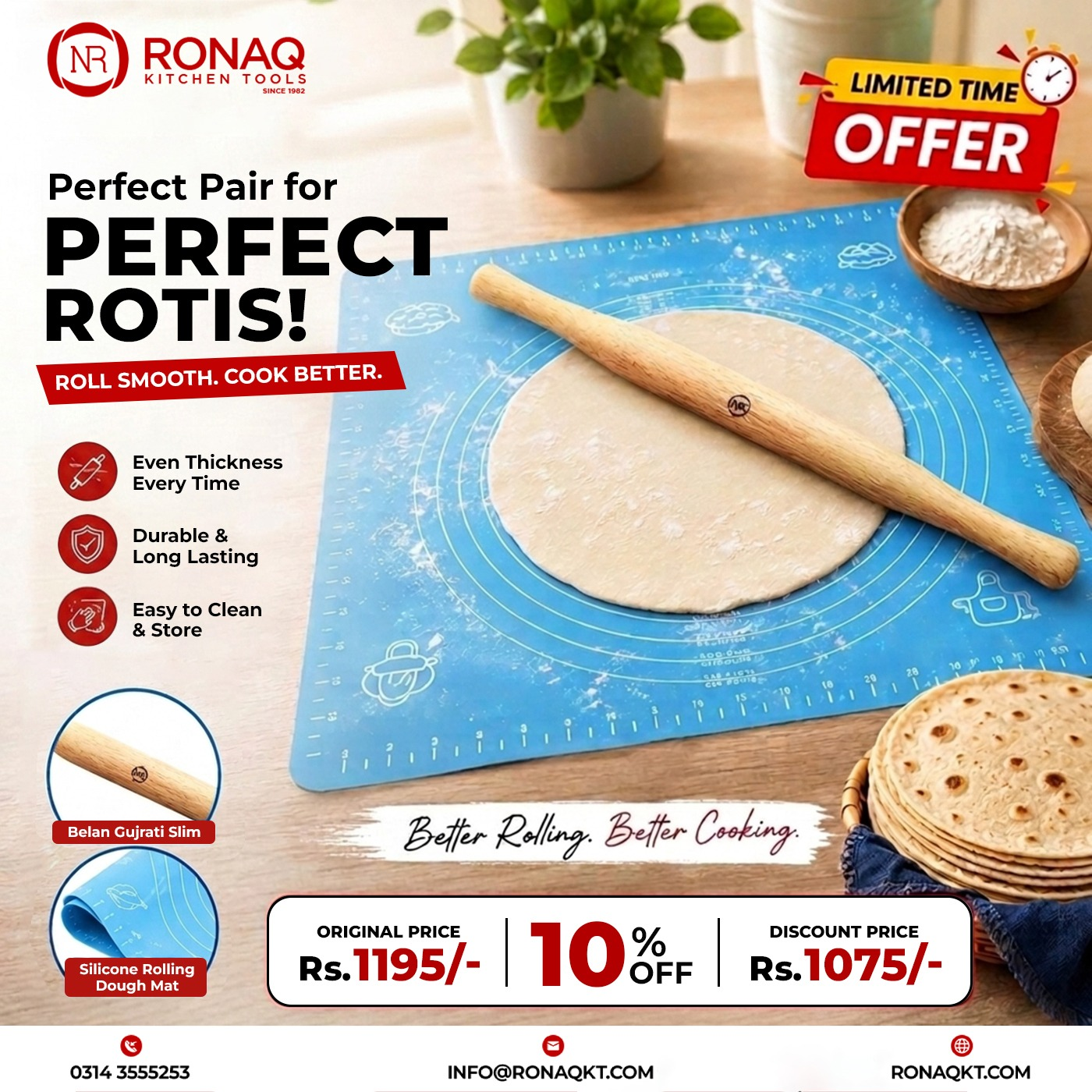 Perfect Roti Making Bundle – Silicone Rolling Dough Mat & Gujarati Slim Wooden Belan
