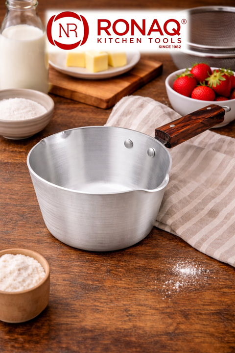 Aluminum Milk Pan With Wooden Grip Handle - Metal Finish