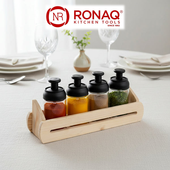 4 in 1 Wooden Base Glass Spice Jar Set