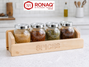 4 in 1 Wooden Base Glass Spice Jar Set Heavy